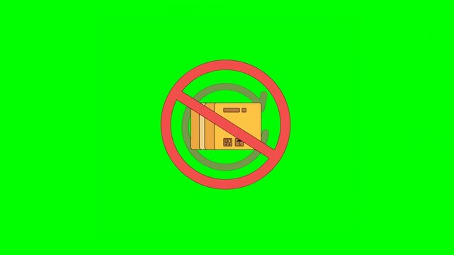 2D Animation of Non Returnable Package Showing Yellow Box Popping up With Prohibition or Ban Symbol on Green Background.
