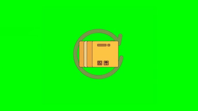 2D Illustration of Returnable Package Showing Yellow Box Popping up With Green Symbol on Green Background.