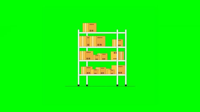 2D Animated Yellow Cardboard Boxes Stacked on White Shelf on Green Background.