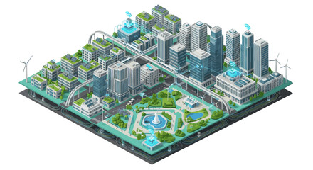Obraz premium Modern Isometric Smart City with Green Spaces and Sustainable Architecture