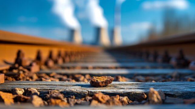 dystopian industrial city, Abandoned Industrial Train Yard with Rusted Tracks and Distant Smoke Towers, Eerie Lonely Atmosphere, Copy Space for Text or Design.