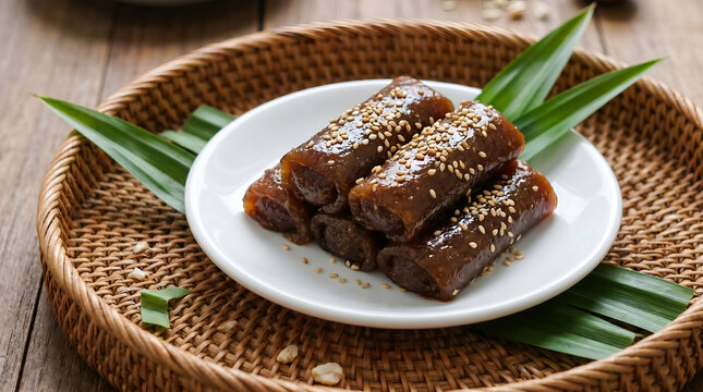 Traditional Indonesian jenang or dodol rolls, Sticky rice cakes with sesame seeds, Sweet glutinous rice snack on pandan leaves