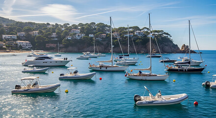 Obraz premium Scenic Harbor Sunset with Sailboats and Yachts Anchored in Calm Tropical Waters
