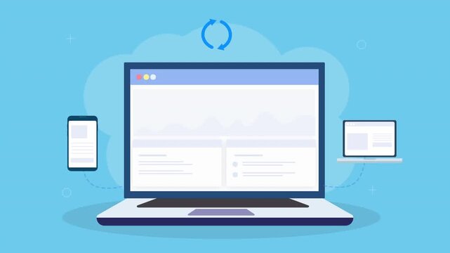 Animated laptop displaying cross device dashboard with mobile and desktop screens, data sync, and responsive interface elements in clean flat design on teal background.
