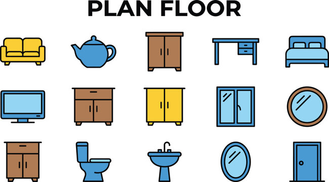 Floor plan furniture and interior layout icon set featuring home objects, fixtures, room elements and architectural design symbols