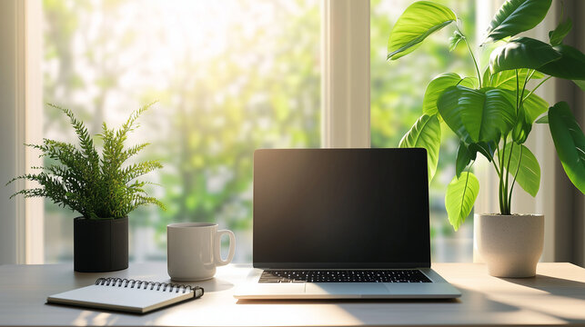 Home office remote work concept, minimal desk setup with laptop, coffee cup, notebook and plant, bright natural light, professional stock photo