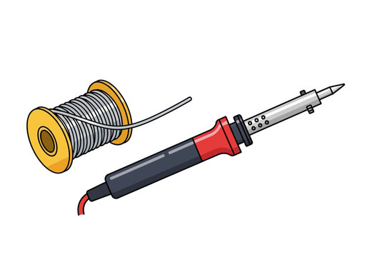 An illustration of a soldering iron with a spool of solder wire