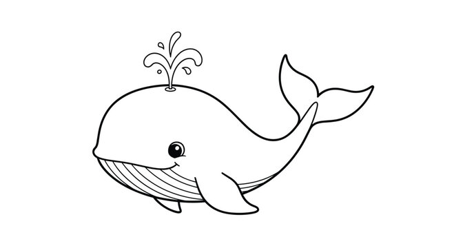 Happy little whale character with a big smile is swimming and spouting water from its blowhole in a simple and clean coloring page outline.