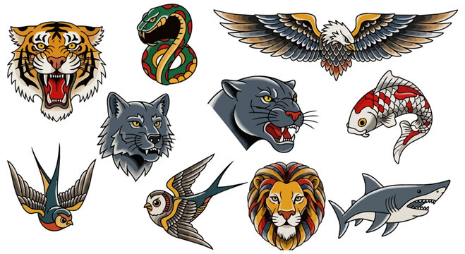 Animal illustrations set on black background for design