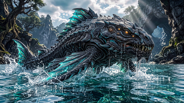 Cinematic Fantasy Sea Monster with Glowing Eyes Emerging from Water in Epic Landscape. Perfect for game design, movie concepts, and dark fantasy artwork.