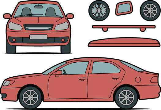 Sedan automobile parts in clean flat design for automotive industry concepts