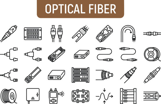 Optical fiber and networking icon set featuring connectors, cables, data transmission equipment and telecommunications technology symbols