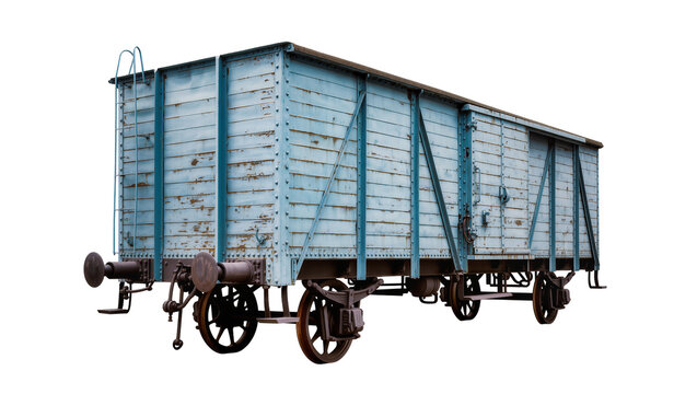 Weathered Turquoise Freight Railcar with Iron Wheels and Metal Structure