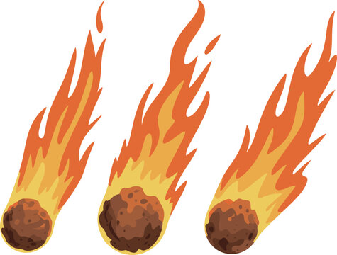Burning meteor fireballs set, flaming asteroid impact objects space vector illustration collection