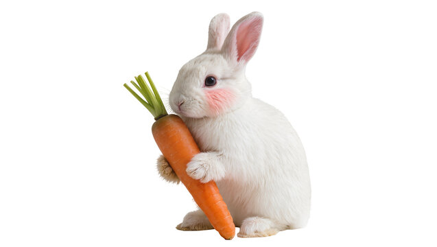 White Rabbit Holding Orange Carrot with Green Tops
