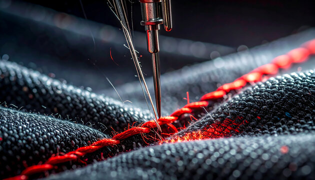 Extreme macro shot of a sewing machine needle piercing black denim fabric