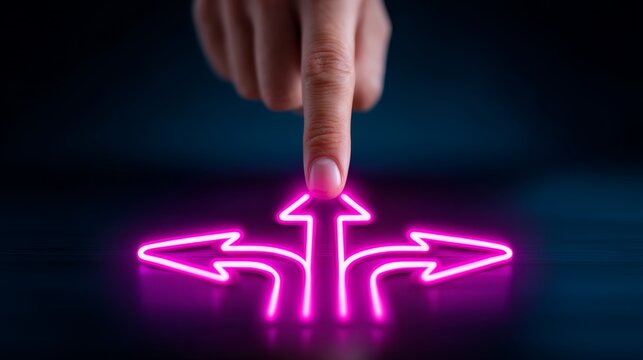 Strategic Decision Making - Hand Pointing Glowing Path of Arrows Merging at Target with Copy Space
