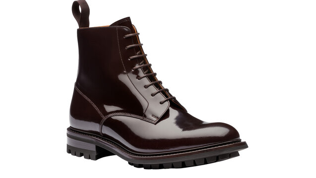 Glossy dark brown leather lace-up ankle boot with pull tab