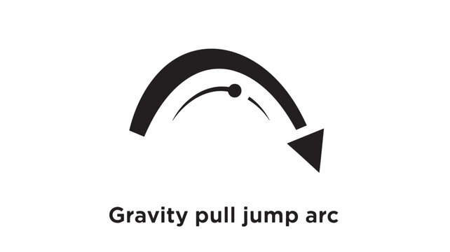 Minimalist black and white illustration depicting a gravity pull jump arc with a directional arrow indicating motion trajectory.