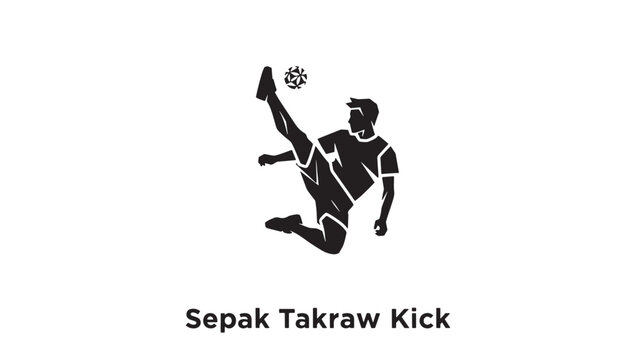 Silhouette of a male athlete executing a high kick in sepak takraw, isolated on white background with dynamic motion.