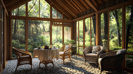 Fototapeta premium Cozy screen porch with wicker furniture and forest view in natural daylight