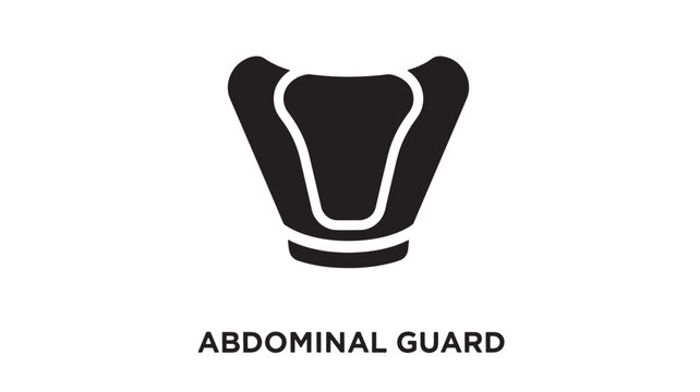 Flat lay view of a protective abdominal guard used in sports, shown in black and white with a simple design against a plain white background.