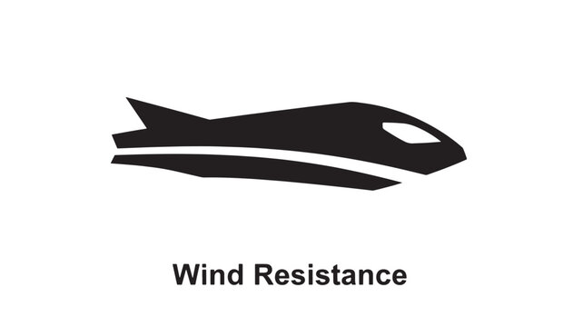 Flat design illustration of a black arrow with white stripes, symbolizing speed and aerodynamics against wind resistance on a plain background.