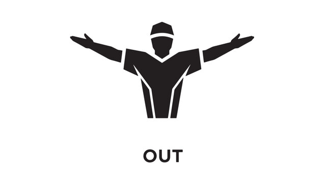 Minimalist black and white illustration of a baseball umpire in uniform making an out call with both arms extended.