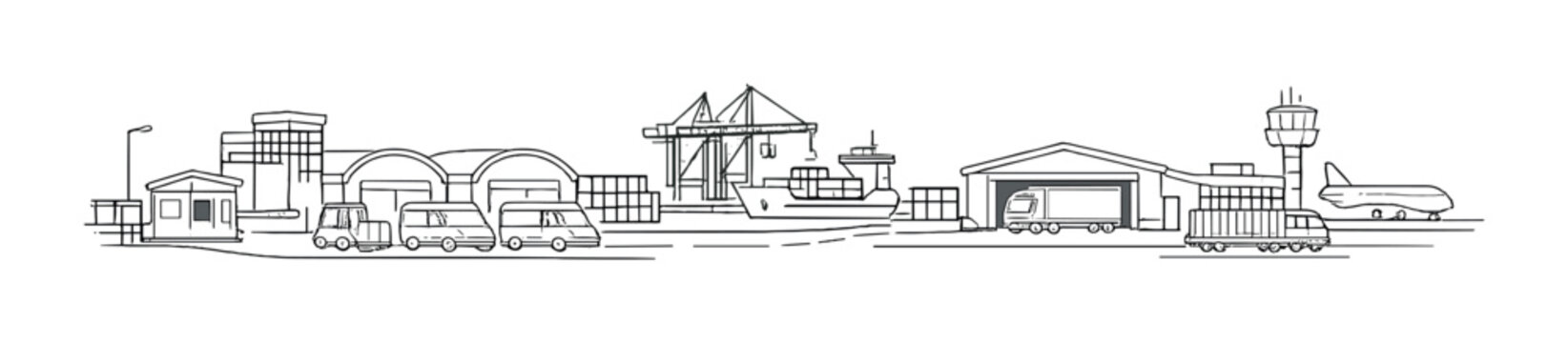 Airport and seaport terminal with vehicles and control tower