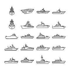 Obraz premium Collection of outline warship and naval vessel icons on white background