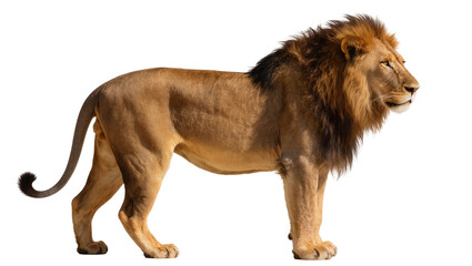 Muscular adult male lion standing with thick mane and long tail © Vetle