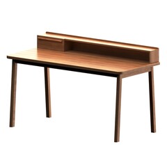 Fototapeta premium Perspective view of oak desk with rear shelf, featuring warm wood tones, clean lines, and minimalist modern workspace design.