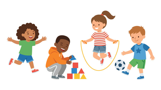 Kids Playing Jump Rope and Building Blocks Together