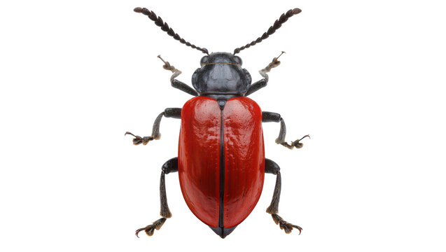 Red shiny beetle with black head and antennae, six legs