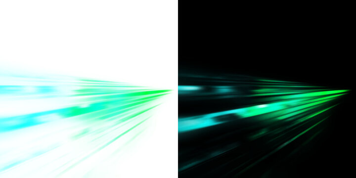 Dynamic zooming speed lines and laser beams for sci-fi overlays. Transparent background highlights this neon cyan and green light burst. 