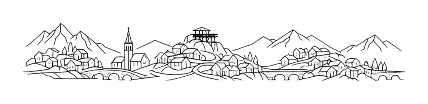 Mountain village with bridges and church near river valley