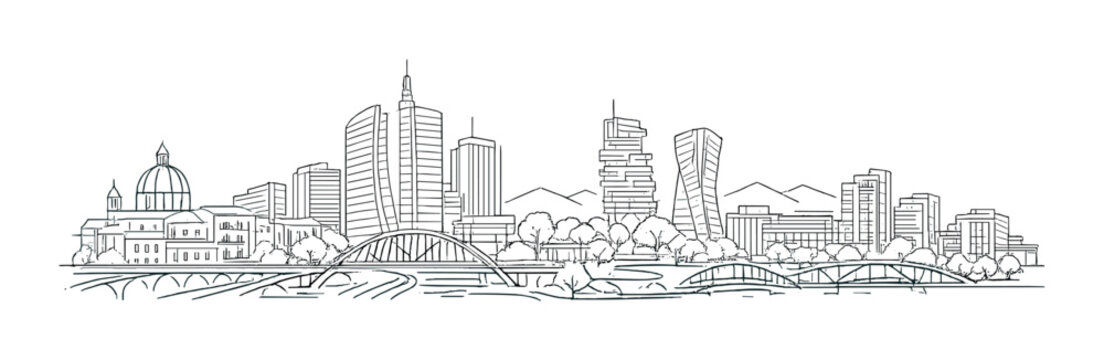 Modern skyline with river bridge and mixed urban buildings