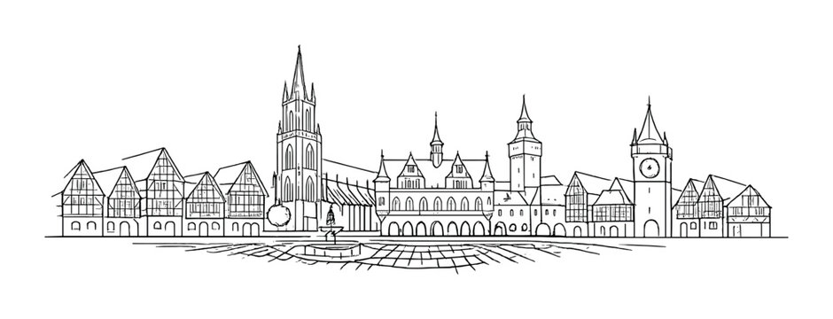 Historic town square with church spire and clock tower