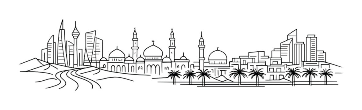 City skyline with mosque domes and minarets beside modern towers