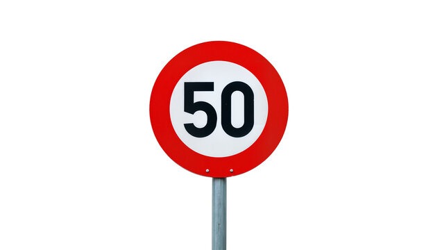 Red circular speed limit sign displaying number 50 on metal post
