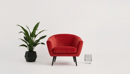 Fototapeta premium Modern red armchair with green plant and glass of water on minimal white background for stylish interior design
