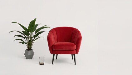 Fototapeta premium Modern red armchair, potted plant, and glass on white background minimalist interior decor scene