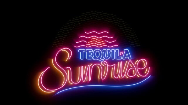 Tequila sunrise glowing flickering neon sign seamless loop animation on uniform background for easy blending