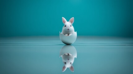 Fototapeta premium business strategy, growth, leadership concept, Whimsical Surreal Bunny with Intriguing Egg Installation on Floor Plane