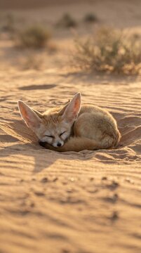 Sleeping Fennec Fox in Warm Desert Sand
