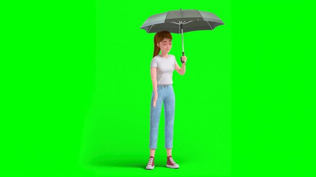 3D Animated Cartoon Redhead Girl Standing Under Umbrella, Wearing Casual Clothing, Touches Raindrops With Hand on Green Background
