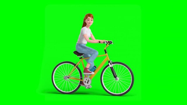3D Animated Cartoon Woman in Causal T-Shirt and Jeans Riding Yellow Bicycle and Waving at Camera on Green Background