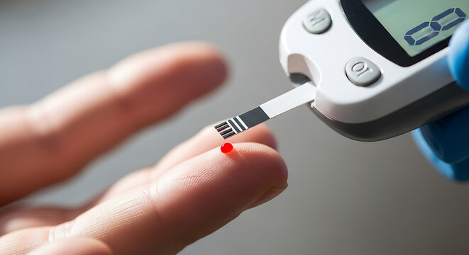 Close-up of a person's finger with a drop of blood being tested by a glucose meter for diabetes monitoring.