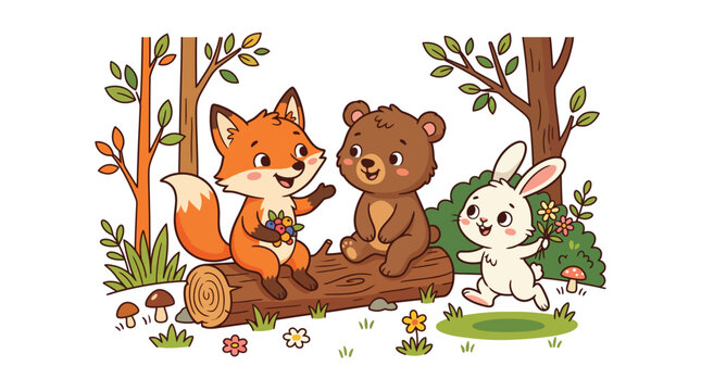 Fox and Bear Sitting on Log with Rabbit Running in Forest