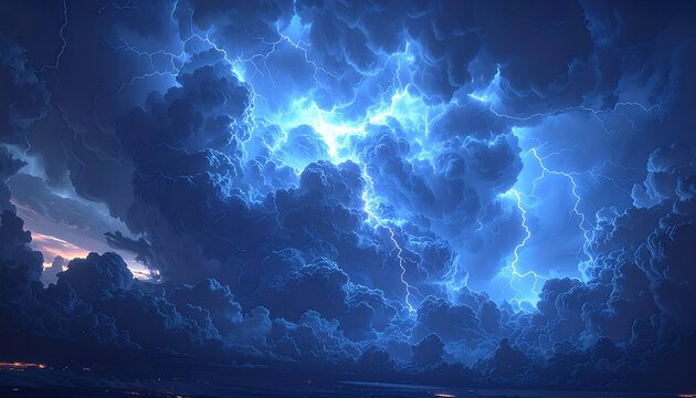 A dramatic nighttime scene showcases a powerful thunderstorm with brilliant lightning illuminating a vast expanse of dark, swirling clouds.
